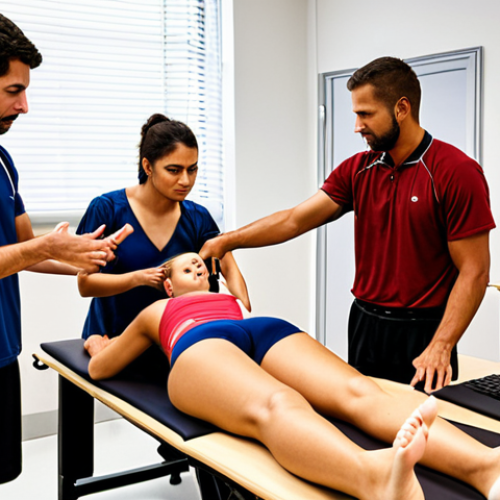 Home 11 **
A diverse group of students in a modern Spanish university classroom, collaborating on a sports rehabilitation project. Some students are analyzing biomechanics on a computer, while others practice manual therapy techniques on an athlete. The professor, a distinguished sports medicine expert, is guiding the students. The scene emphasizes hands-on learning and teamwork in a cutting-edge academic setting.
**