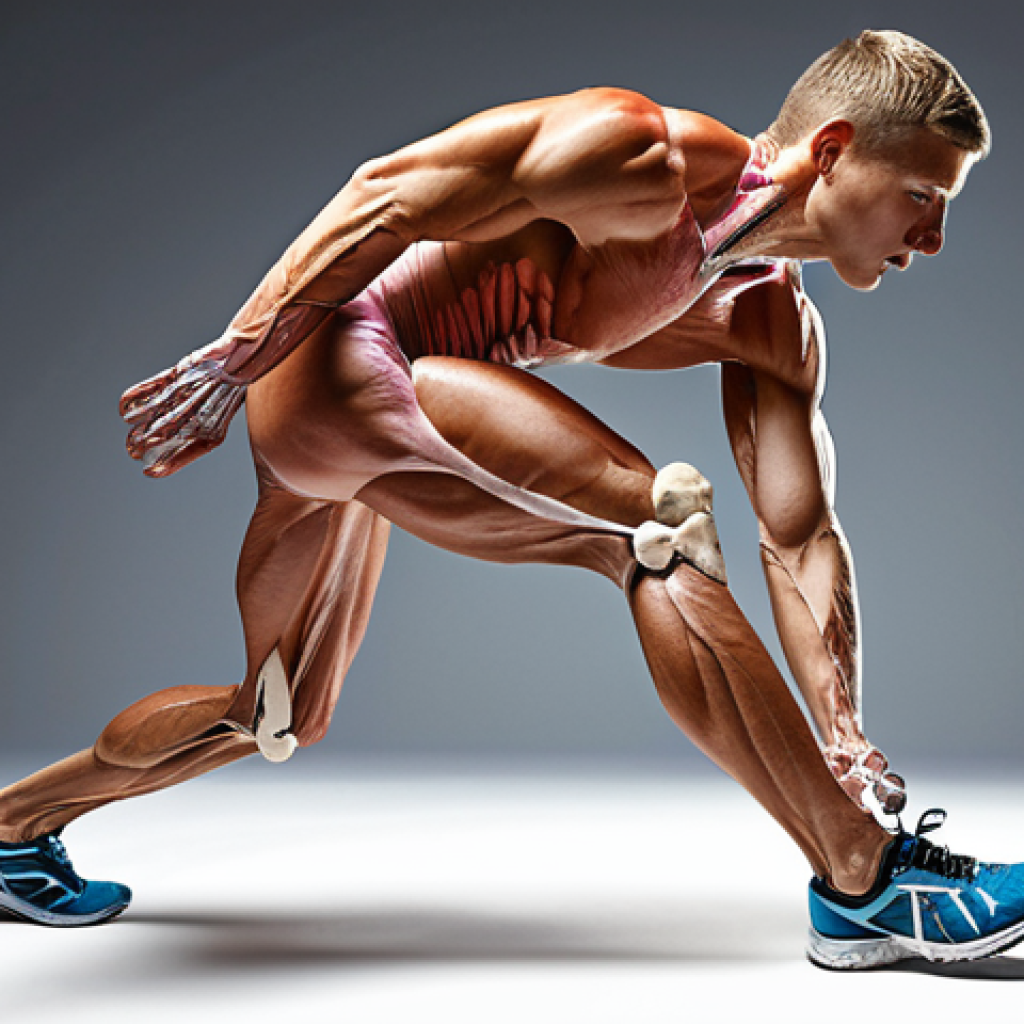 **

A dynamic anatomical illustration showcasing interacting muscles and bones during a sporting movement, possibly a runner. Highlight key muscle chains involved in knee stability and biomechanics. The style should be clean, informative, and visually engaging, resembling a medical textbook illustration, but with a modern, sporty aesthetic.

**