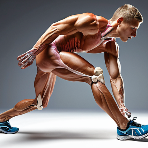 Home 6 **
A dynamic anatomical illustration showcasing interacting muscles and bones during a sporting movement, possibly a runner. Highlight key muscle chains involved in knee stability and biomechanics. The style should be clean, informative, and visually engaging, resembling a medical textbook illustration, but with a modern, sporty aesthetic.
**