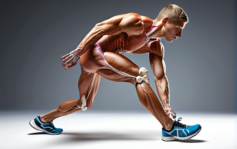 **
A dynamic anatomical illustration showcasing interacting muscles and bones during a sporting movement, possibly a runner. Highlight key muscle chains involved in knee stability and biomechanics. The style should be clean, informative, and visually engaging, resembling a medical textbook illustration, but with a modern, sporty aesthetic.
**