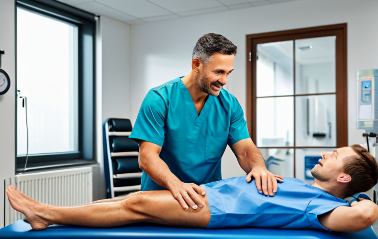 **

"A sports rehabilitation therapist in a professional clinic setting, fully clothed in medical scrubs, demonstrating a rehabilitation exercise to a patient. The patient is fully clothed in athletic wear. Focus on clear communication and positive interaction. Modern clinic background with equipment. Safe for work, appropriate content, perfect anatomy, natural proportions, professional, family-friendly."

**