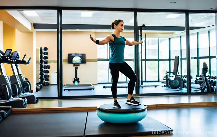 스포츠재활사의 세부 직무 소개 - **Prompt:** A detailed, brightly lit indoor scene in a modern sports rehabilitation clinic. A female...