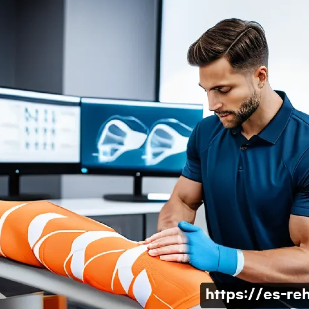 스포츠재활사 성공 스토리 사례 - A professional sports rehabilitation specialist carefully examining an athlete’s knee using advanced...
