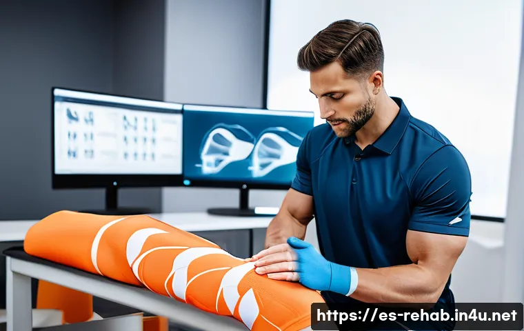 스포츠재활사 성공 스토리 사례 - A professional sports rehabilitation specialist carefully examining an athlete’s knee using advanced...