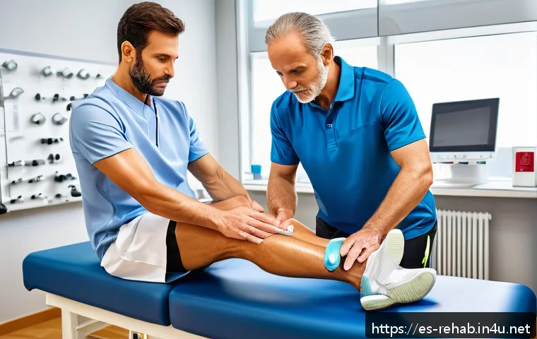스포츠재활사 근무 환경 장단점 - A dynamic sports rehabilitation clinic scene in Spain, featuring a professional physiotherapist work...