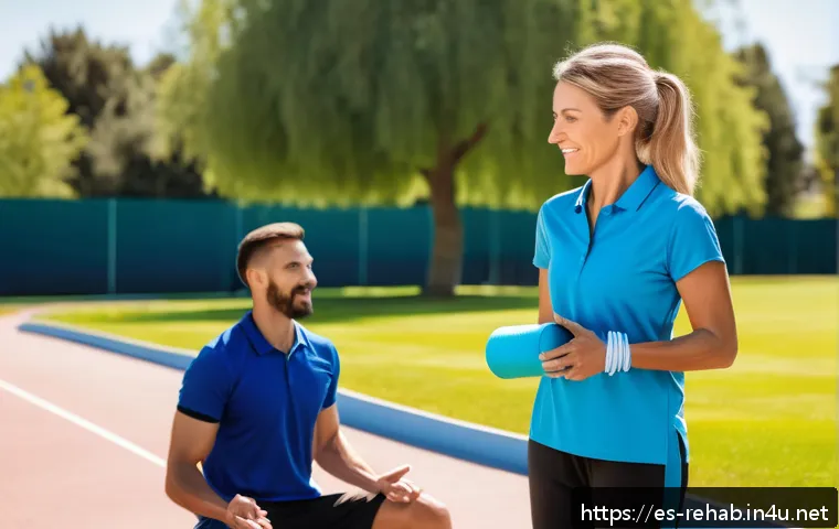스포츠재활사로 프리랜서 활동하기 - A professional freelance sports physiotherapist conducting a rehabilitation session outdoors with a ...