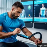 스포츠재활사로서의 근육 재활 기술 - A modern rehabilitation clinic scene showing a professional athlete wearing high-tech wearable devic...