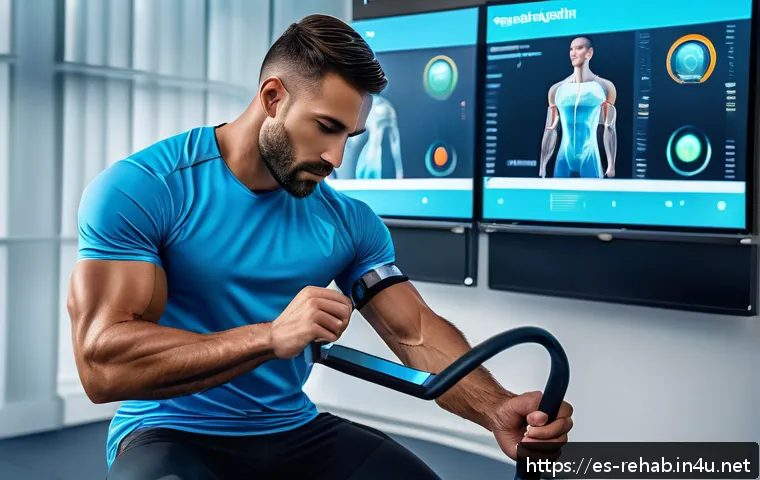 스포츠재활사로서의 근육 재활 기술 - A modern rehabilitation clinic scene showing a professional athlete wearing high-tech wearable devic...