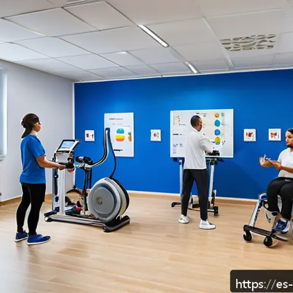 스포츠재활사의 논문 작성 팁 - A professional sports rehabilitation clinic scene featuring a diverse group of athletes—amateurs and...