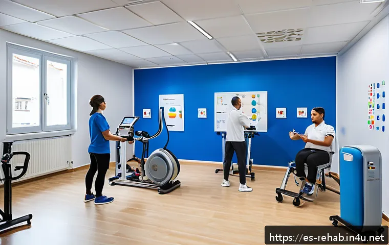 스포츠재활사의 논문 작성 팁 - A professional sports rehabilitation clinic scene featuring a diverse group of athletes—amateurs and...